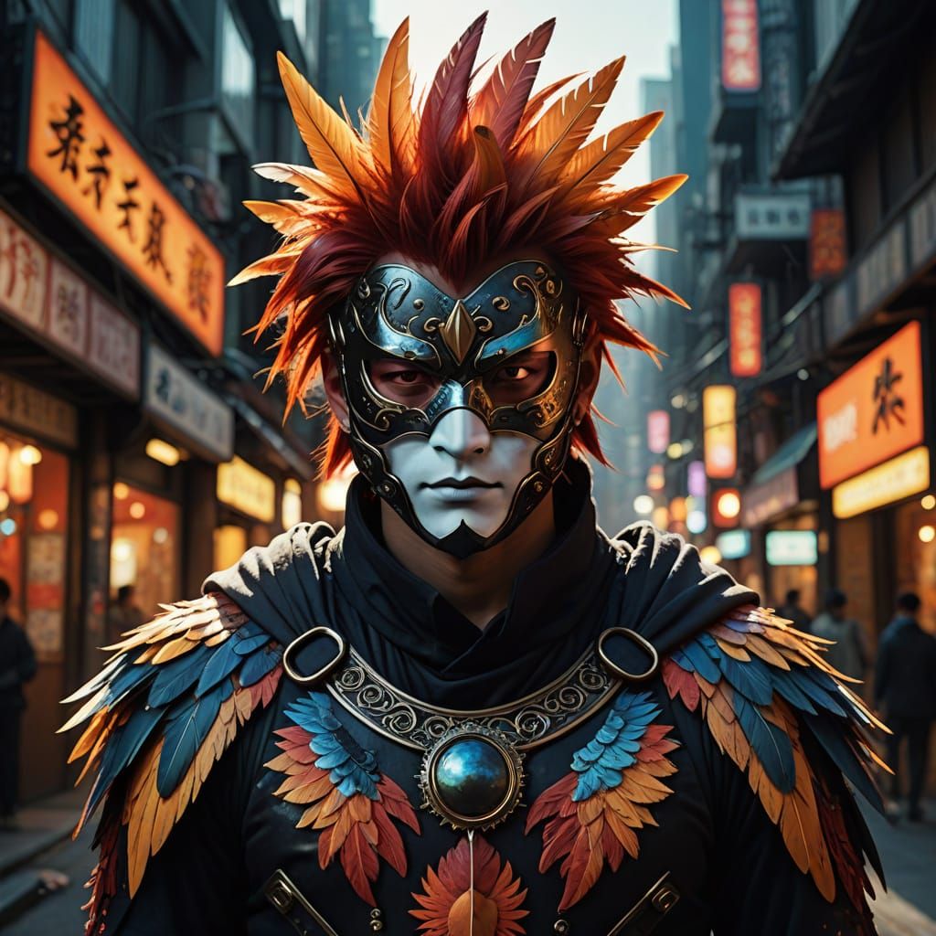 Japanese Vigilante with Fiery Eyes and Red Hair