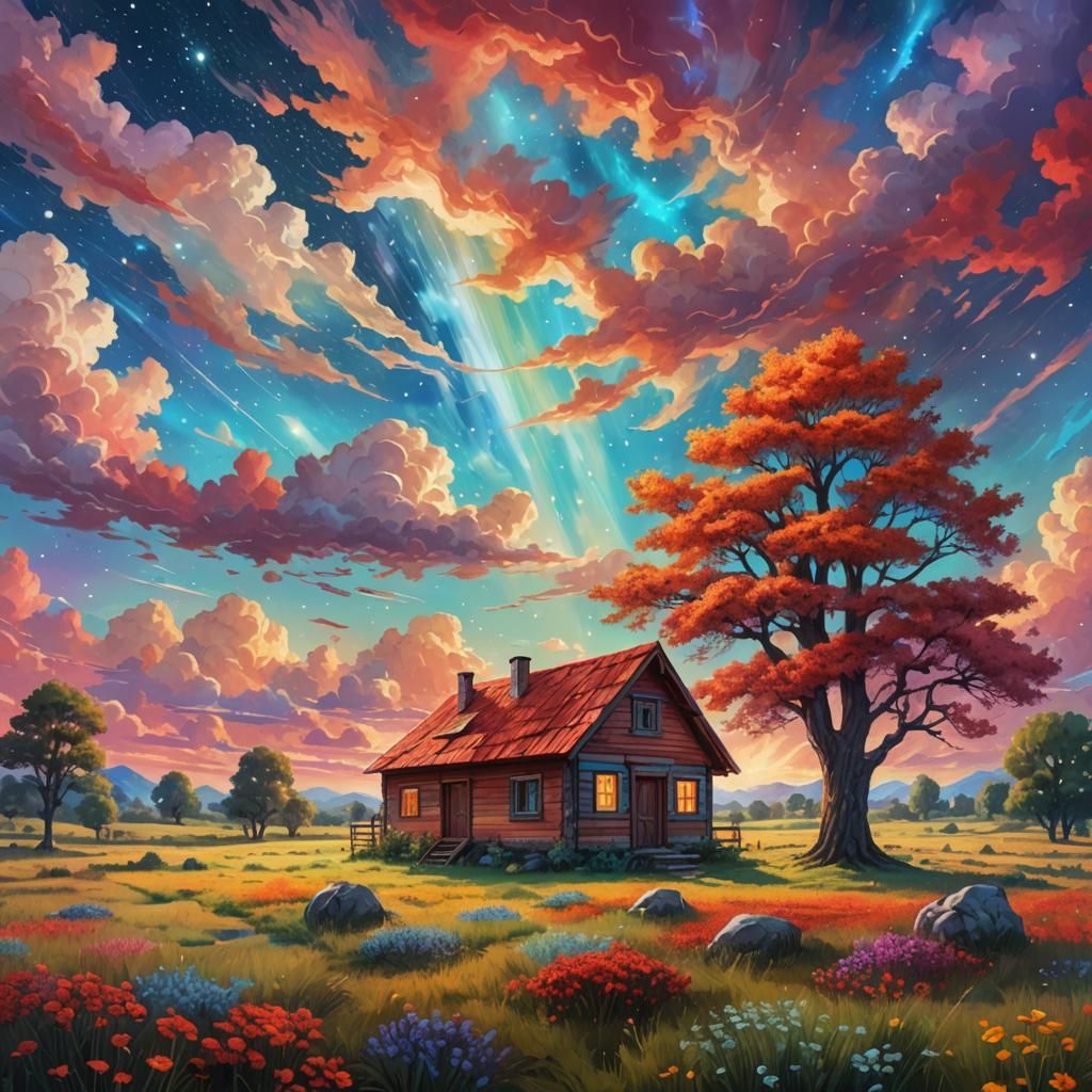 Colorful Treehouse in Astral Cosmic Illustration