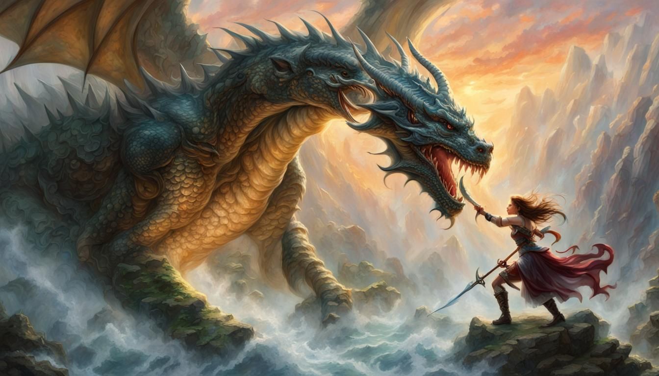 Dragonborn Versus Dragon in Hyperdetailed Fantasy Art