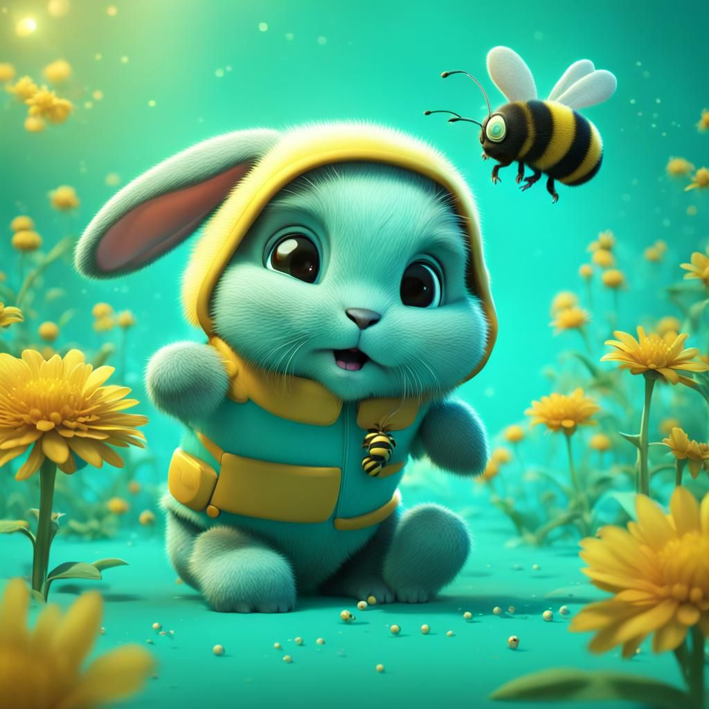 Turquoise Bunny and Bumble Bees in 3D Style