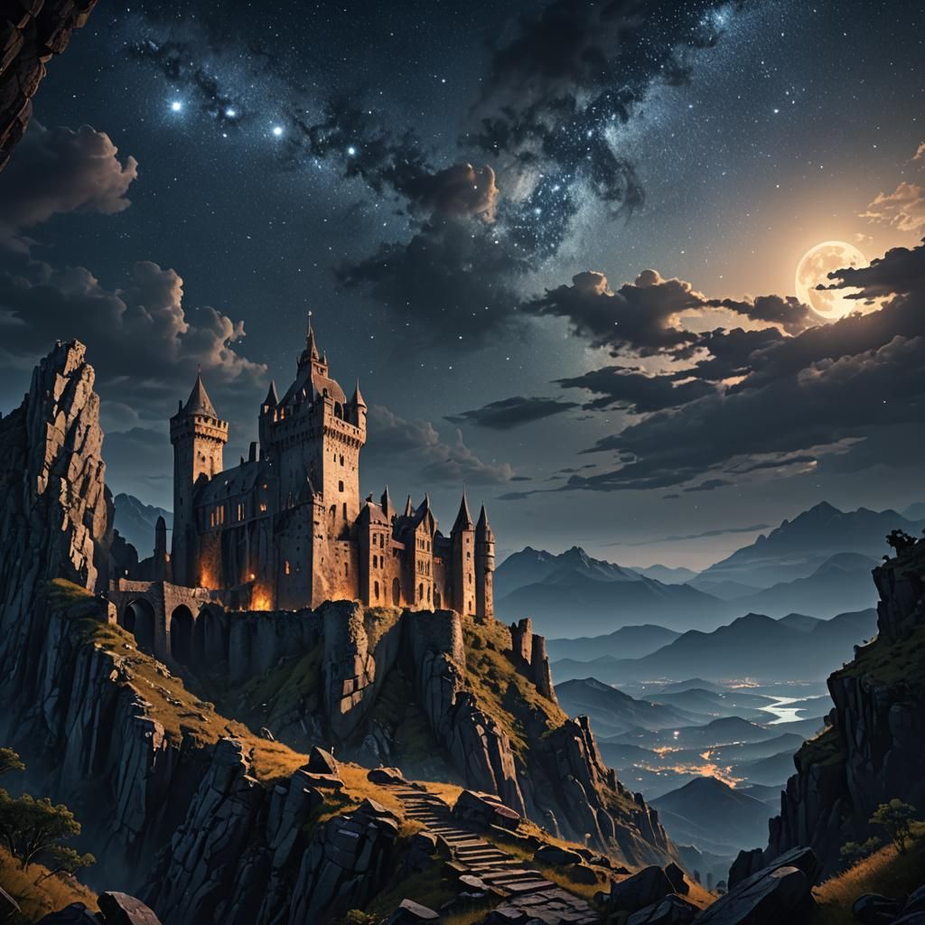 Mountaintop Castle Ruins Under Starry Gothic Sky