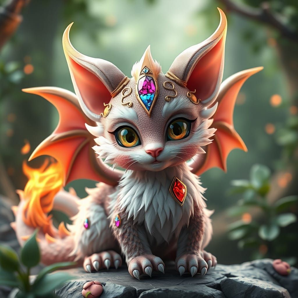 Medieval Dragon Cat with Jewels and Wings in a Green Forest