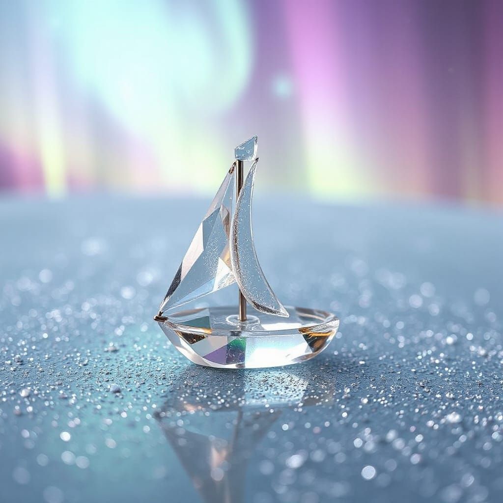 Crystal Sailboat on Stardust Sea with Aurora