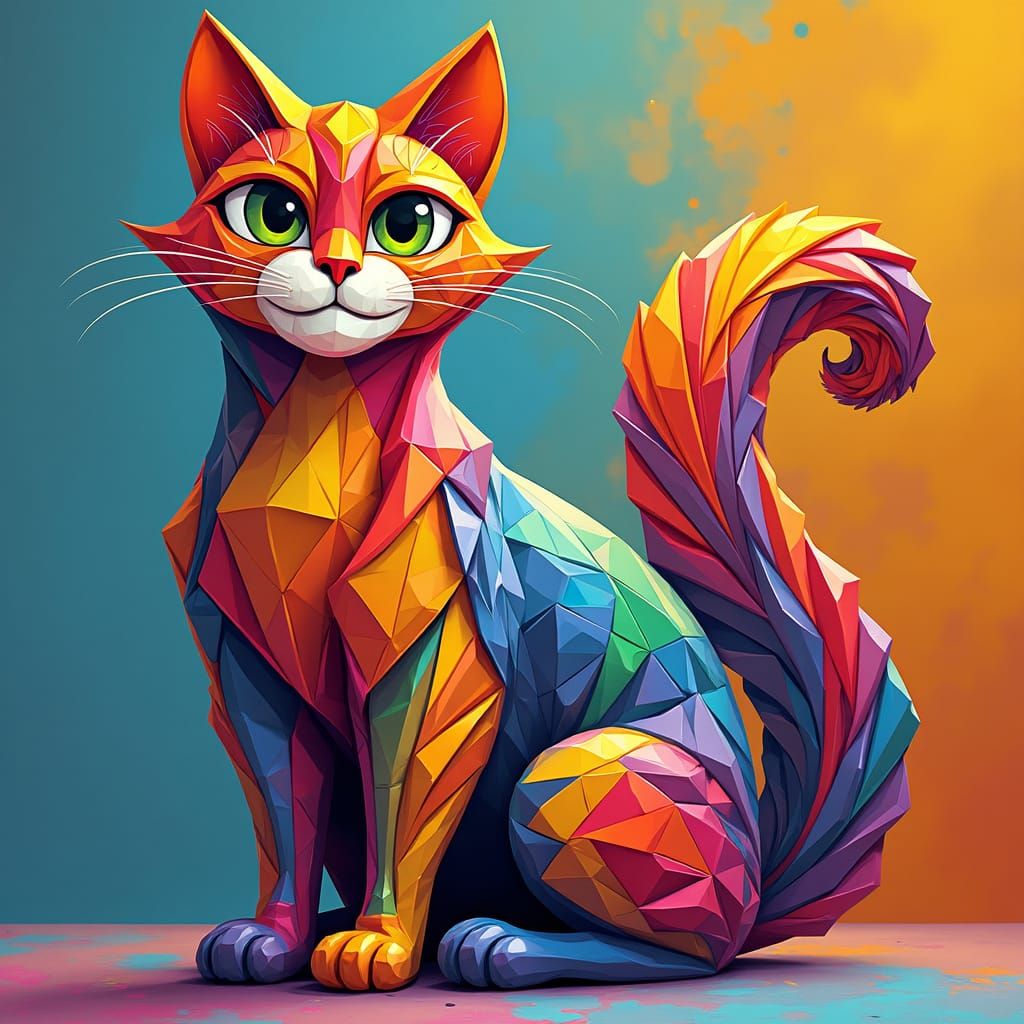 Cubist Cat Game Character in Japanese Art Style