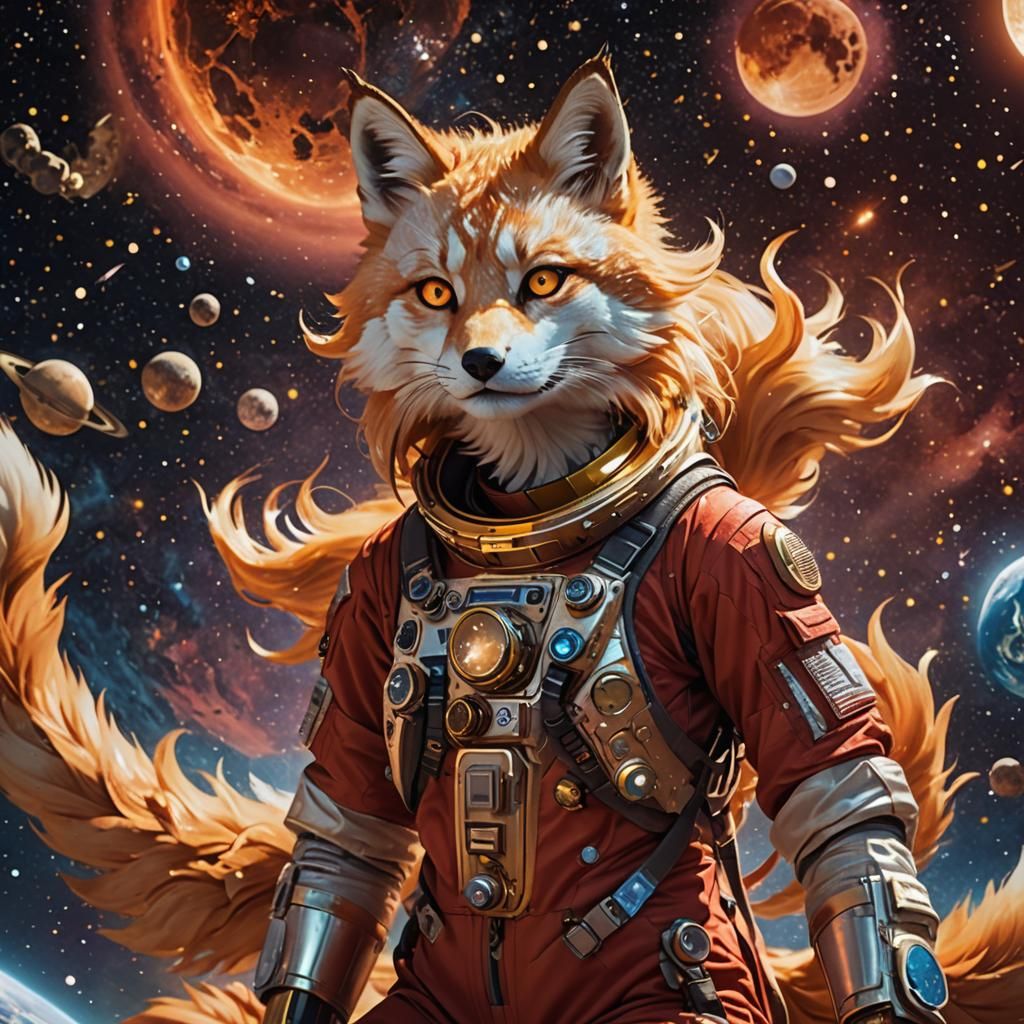 Kitsune Astronaut Floats in Space: Digital Art