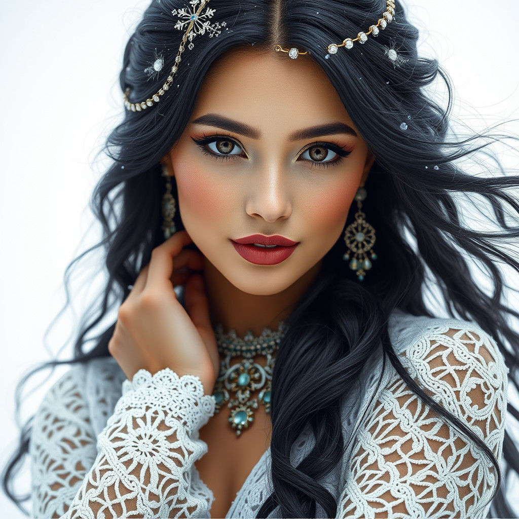 Hyperrealistic Woman with Black Hair in White Dress