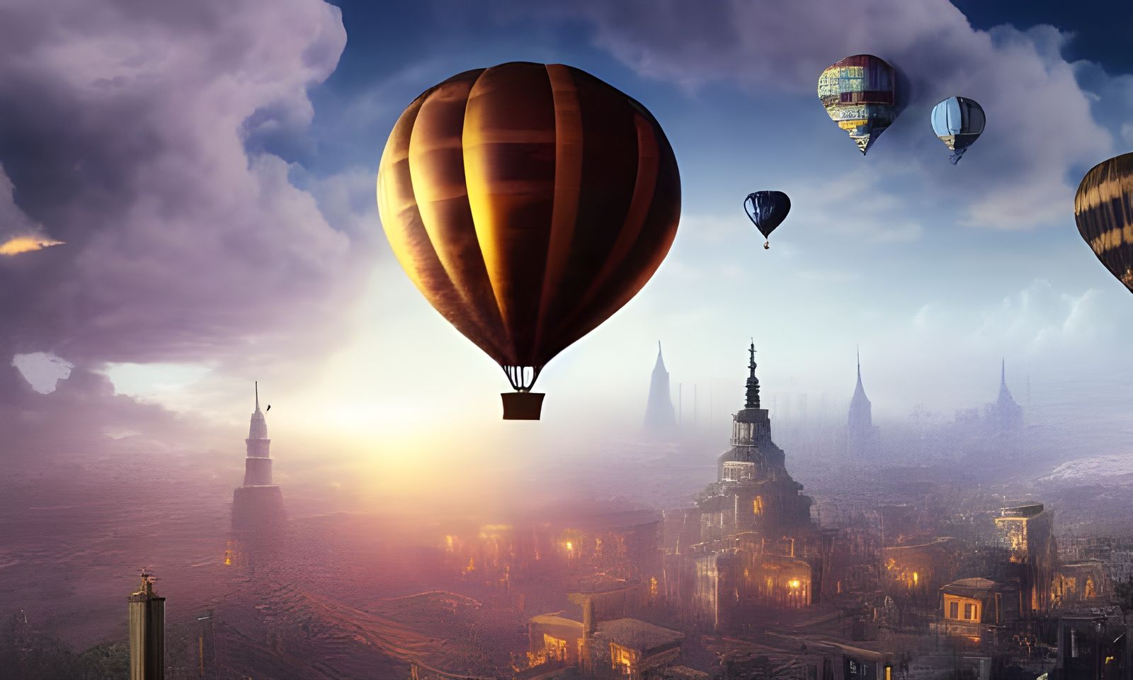 Steampunk Hot Air Balloon Over Flying City