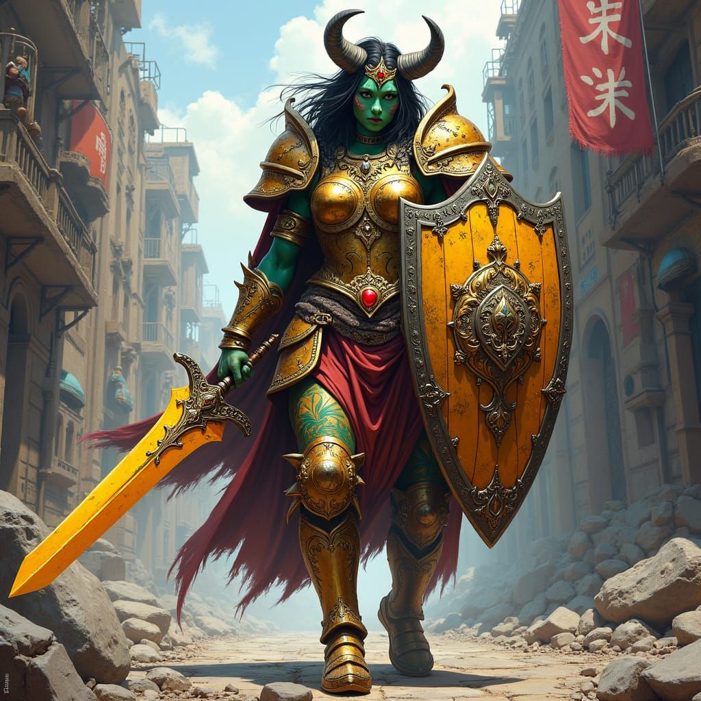Orc Paladin in War-Torn Cityscape, Street Art Style