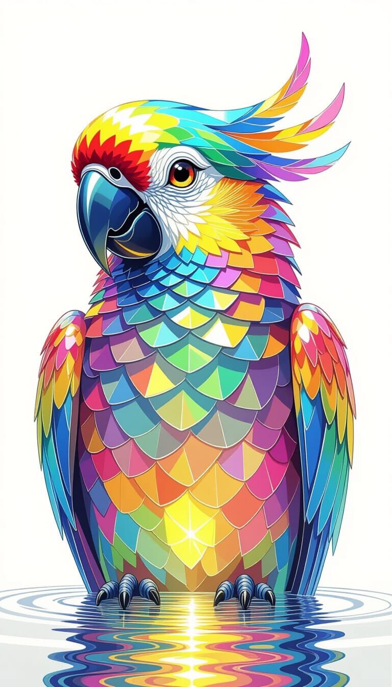 Crystal Parrot-Human Hybrid with Rainbow Reflections