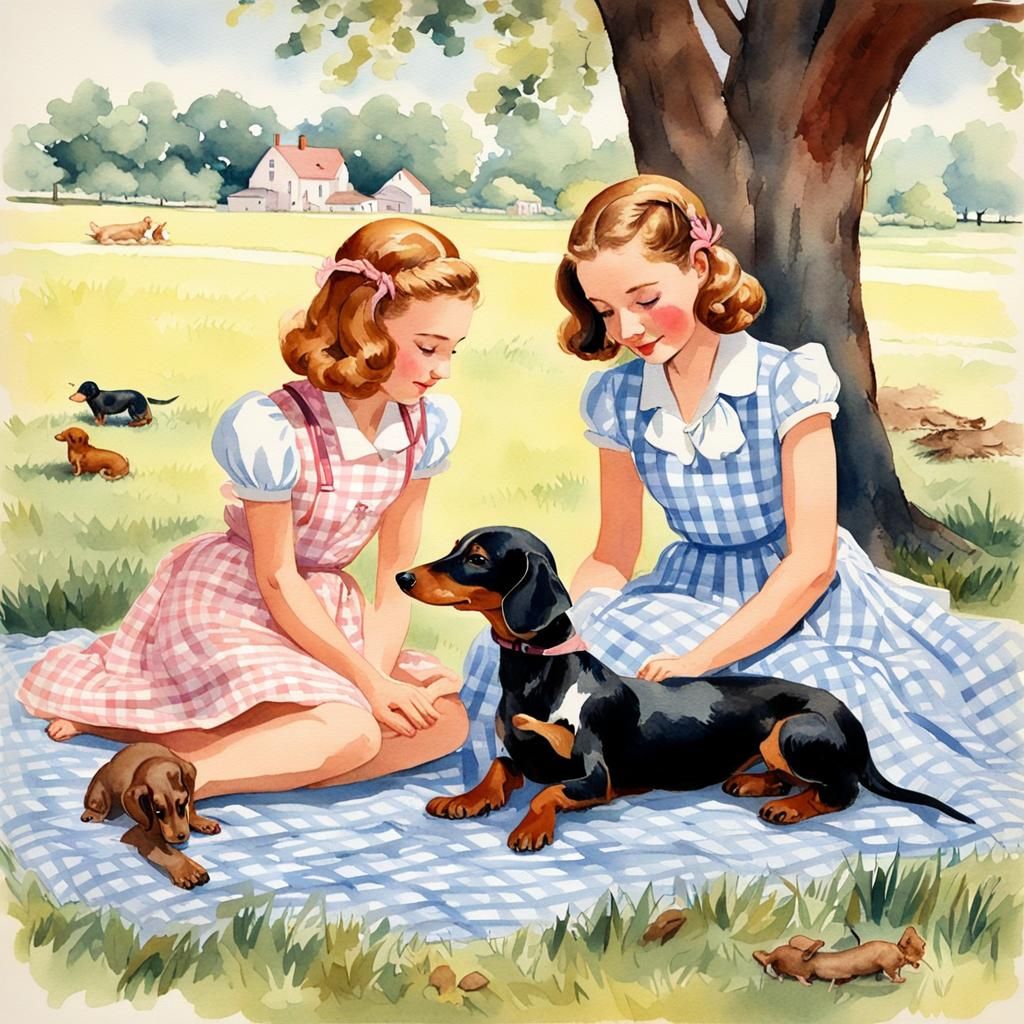 Girls Braiding Hair in Sun-Speckled Yard, Watercolor Style
