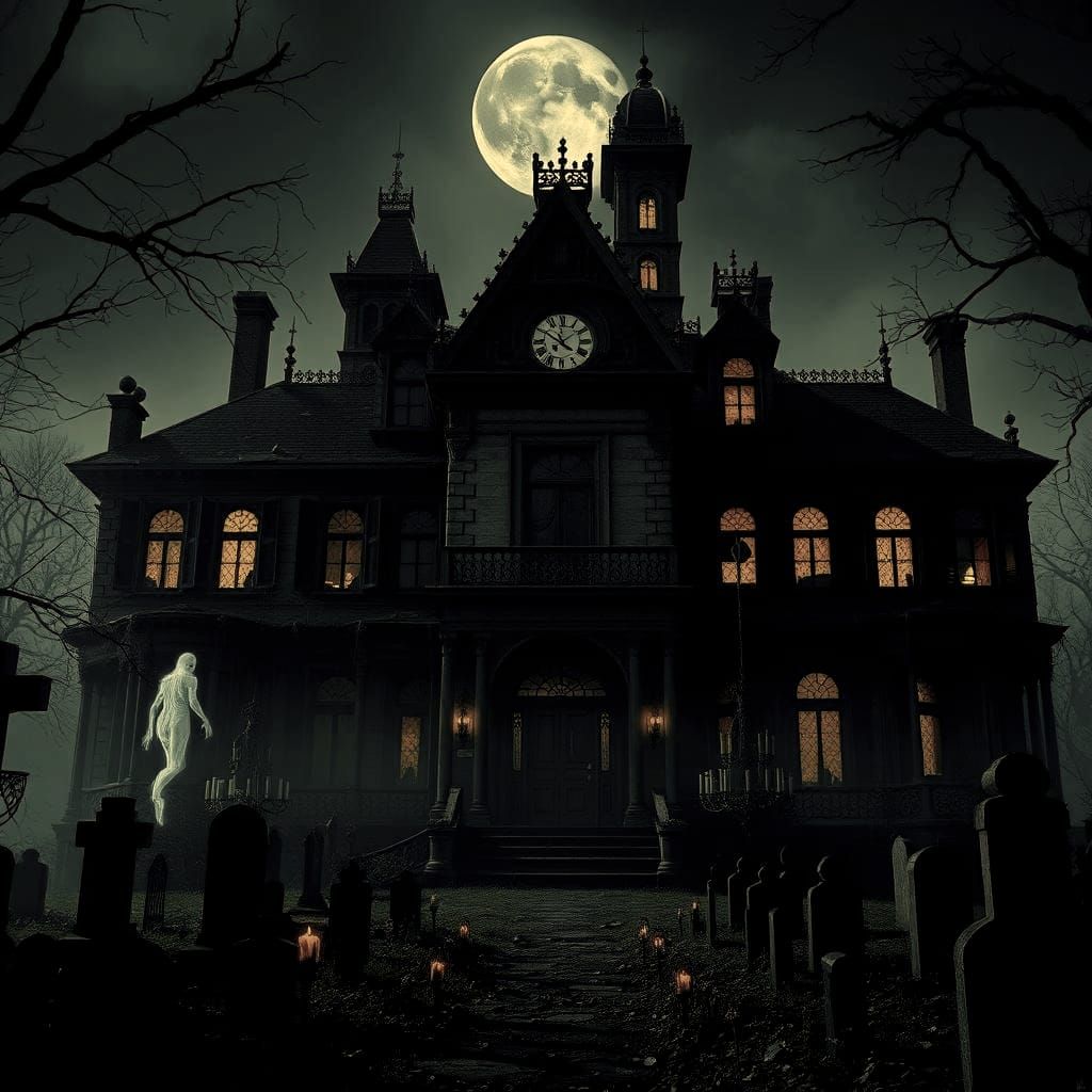 Haunted Mansion with Graveyard in Matte Painting Style