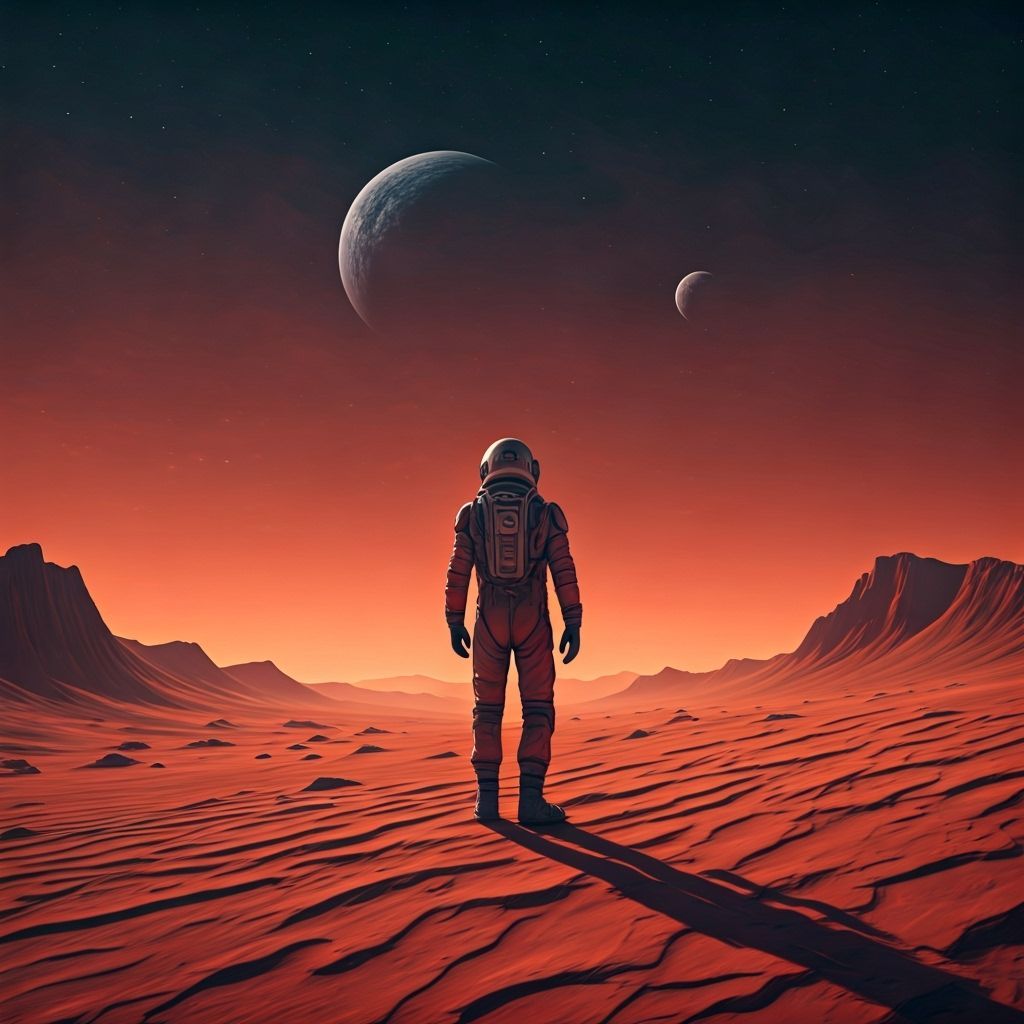 Lone Astronaut on Mars Desert, Moody Cinematic Sci-Fi Art