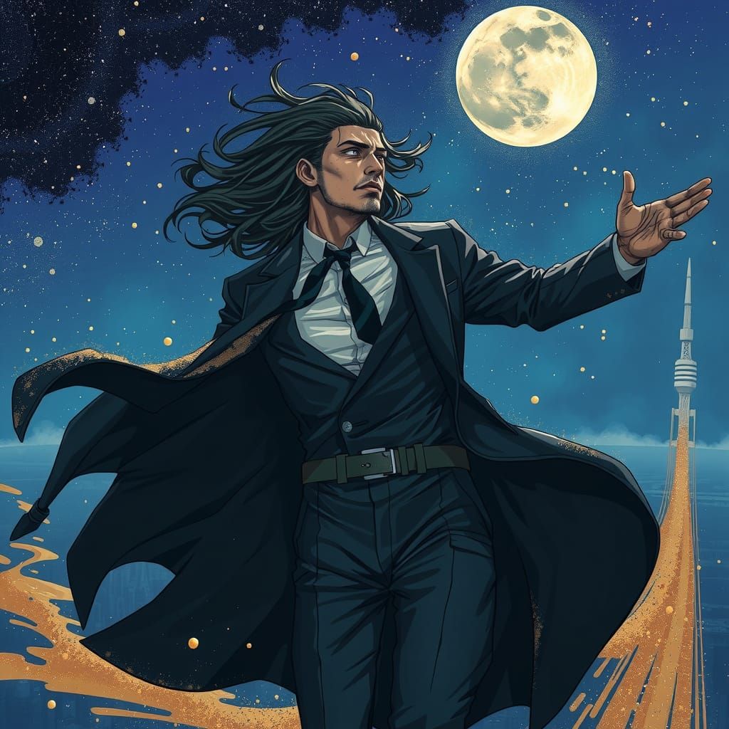 Sandman Soaring Through Tokyo Sky: Dark Fantasy Art