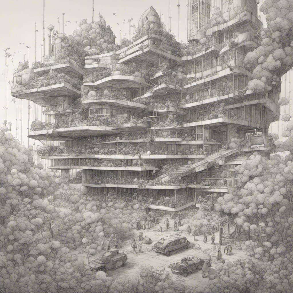 Surreal Brutalist Building with Psychedelic Elements