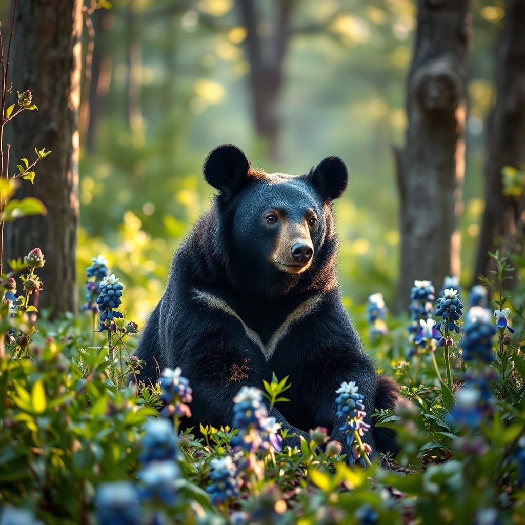 Majestic Black Bear Surrounded by Texas Bluebonnets in Fores...