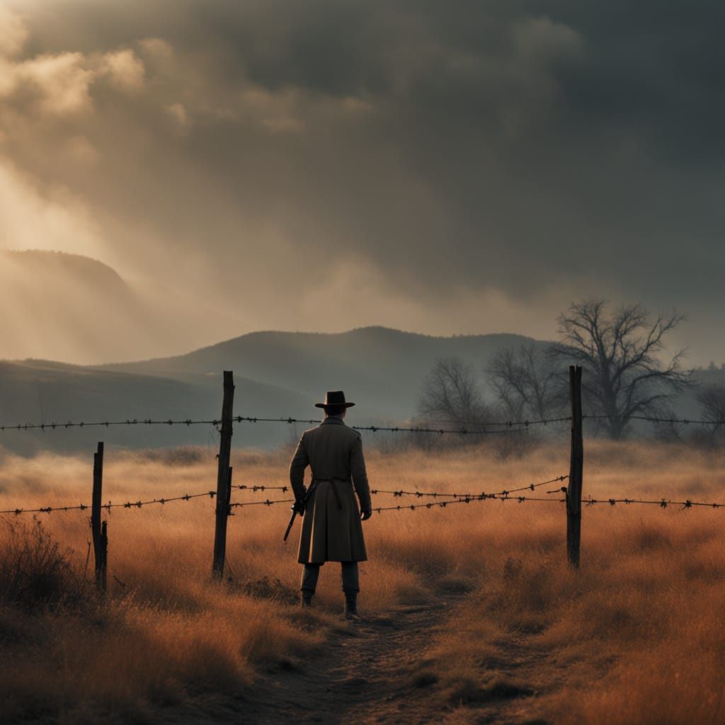 Film Noir Creek Scene with Figure Holding Rifle