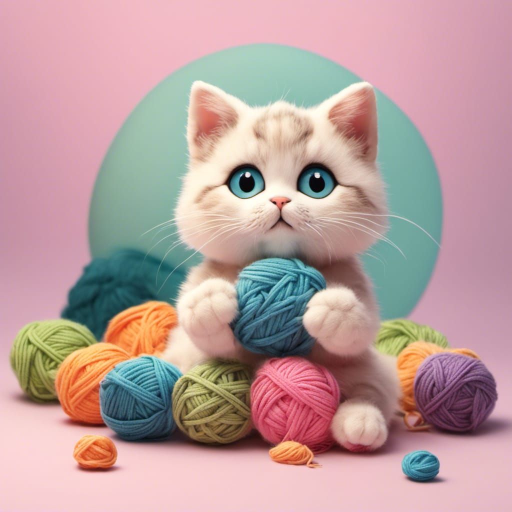 Adorable Cartoon Cat Toy with Yarn, Ghibli-inspired