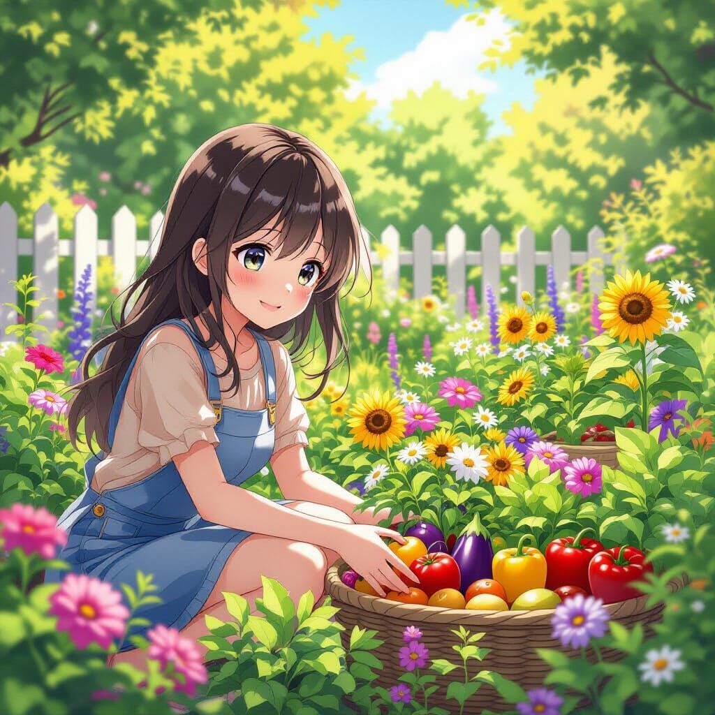 Happy Anime Girl in Her Flourishing Garden