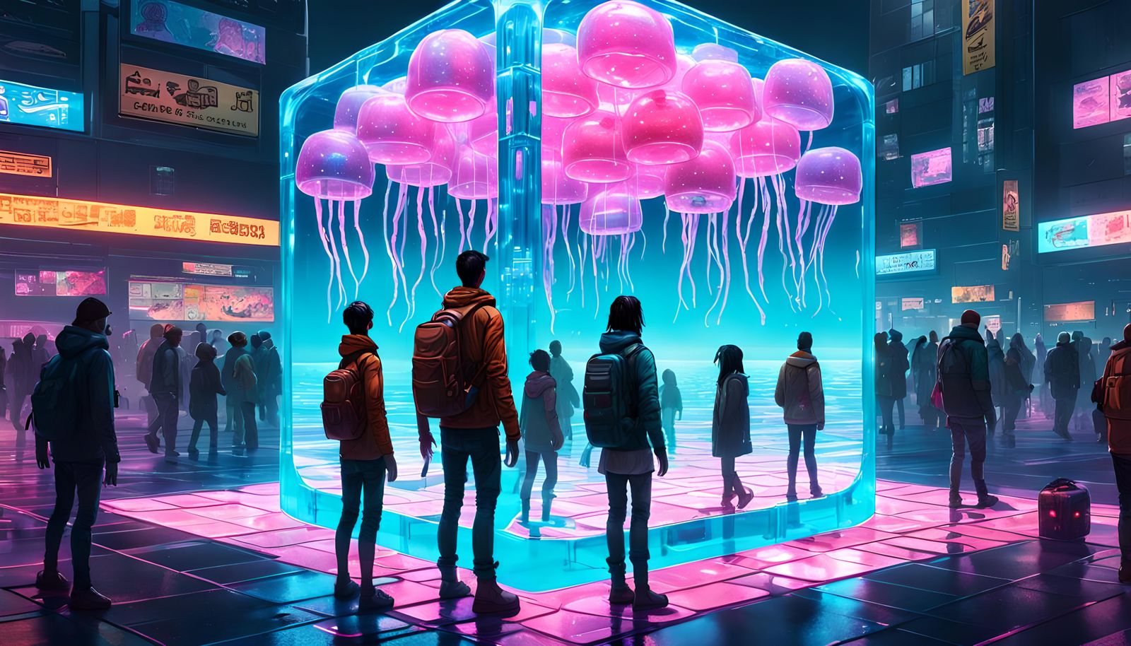 Cyberpunk Jelly Cube with Floating People