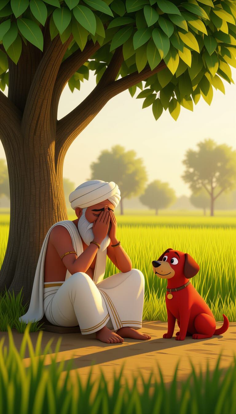 Indian Farmer with Dog in Rural Setting, 3D Cartoon