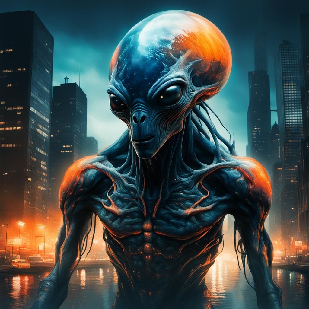 Alien Creature in Dystopian Cityscape: Double Exposure Photo...