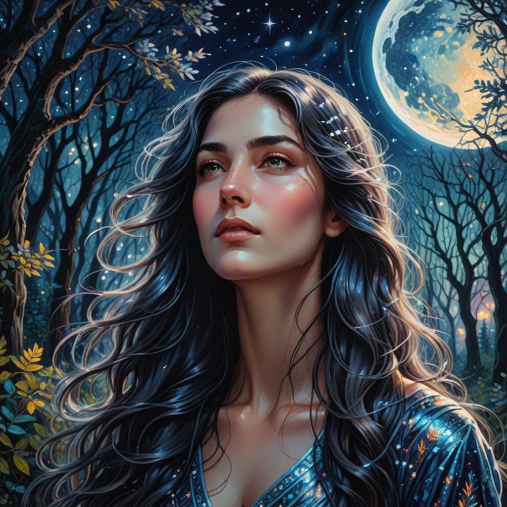 Dreamy Astral Woman in Moonlit Forest