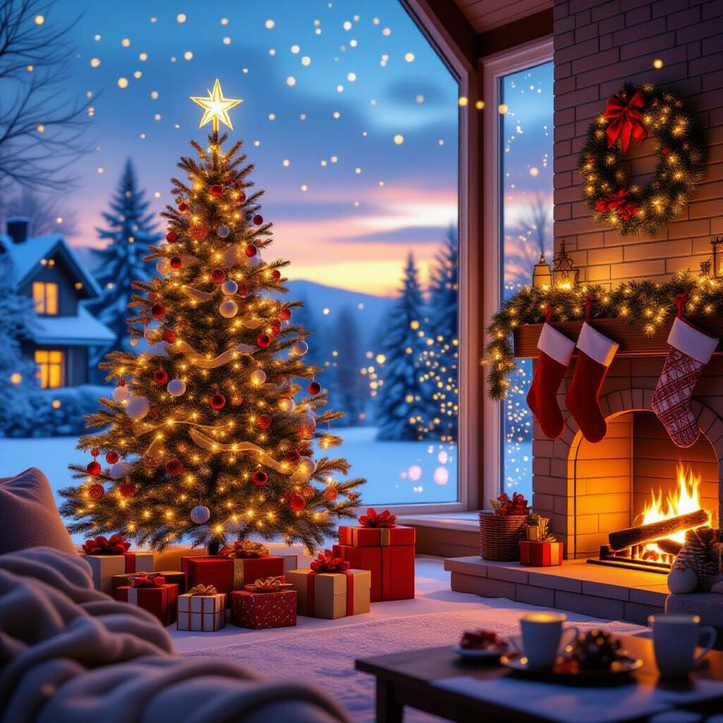 Cozy Christmas House with Snowfall and Warm Lights