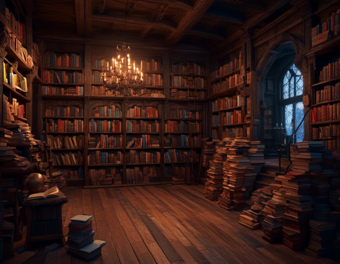 Detailed Medieval Bookstore in Dark Fantasy Style