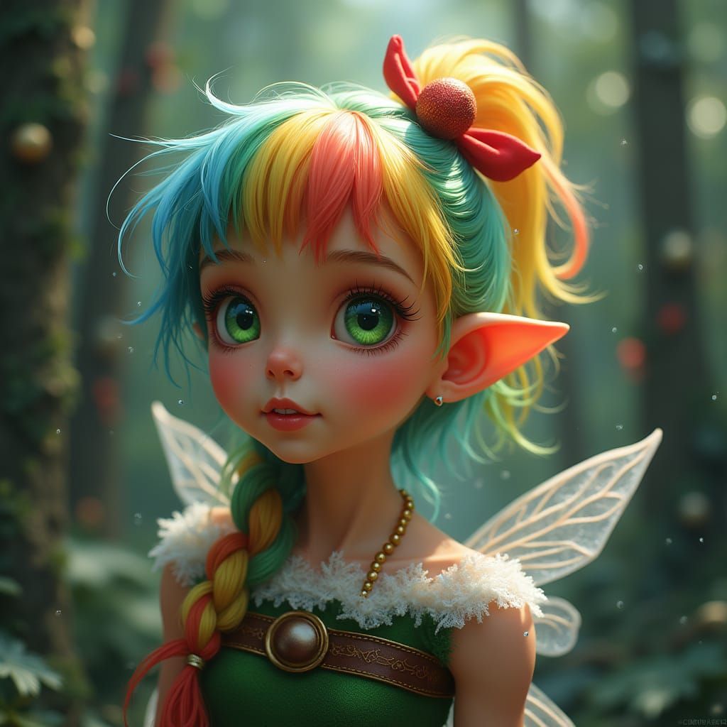Christmas Pixie with Rainbow Hair in Winter Forest