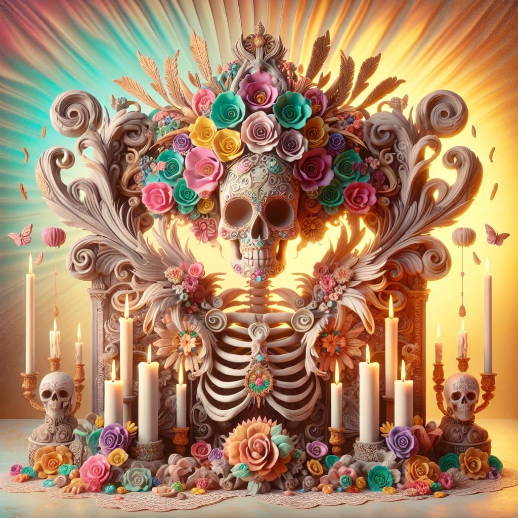 Rococo Plasticine Sugar Skull Sculpture with Flowers