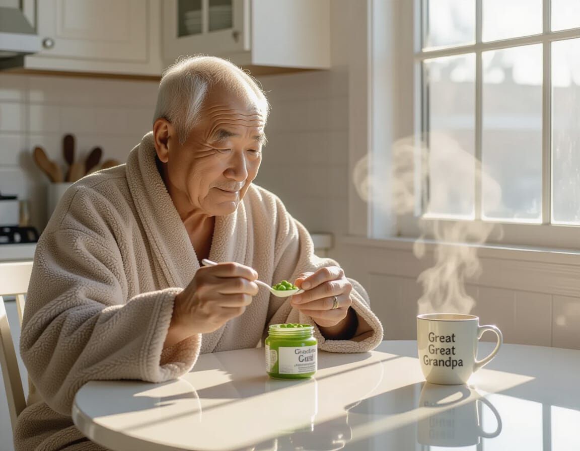 Old Man Savoring Baby Food in Morning Light