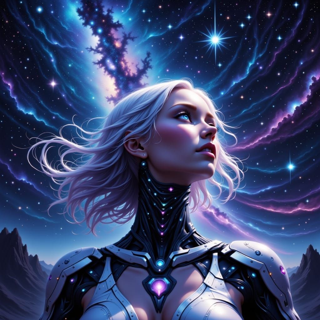 Female Cyborg Gazing at Cosmic Sky Portrait