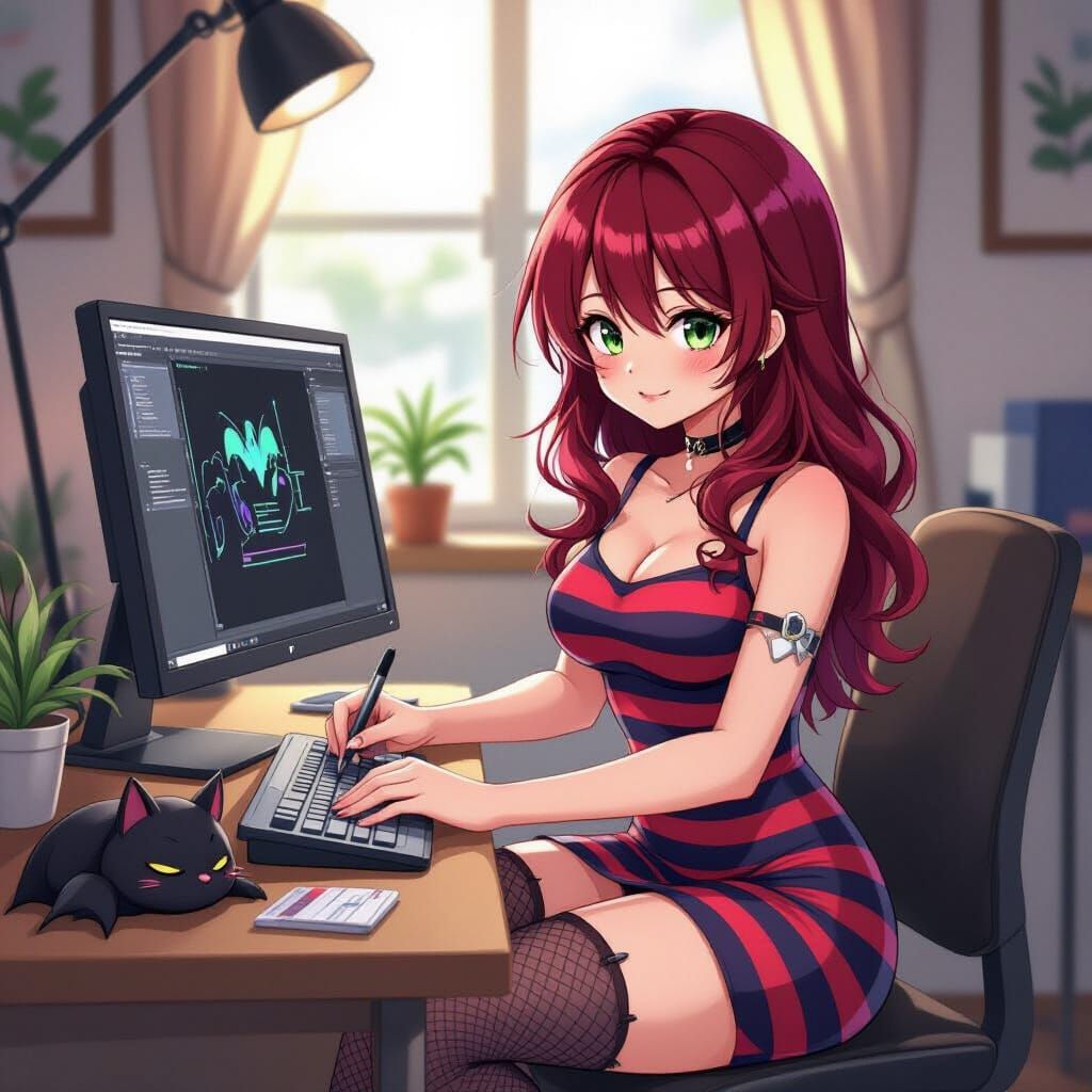 Anime Woman Draws with Sleeping Bat, Studio Trigger Style