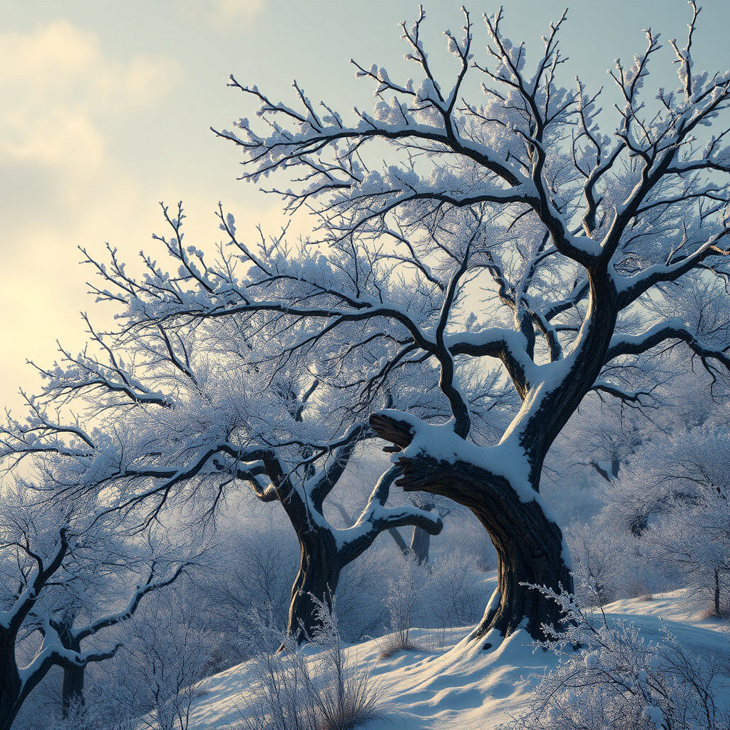 Snowy Apple Trees in Winter Forest: Matte Painting
