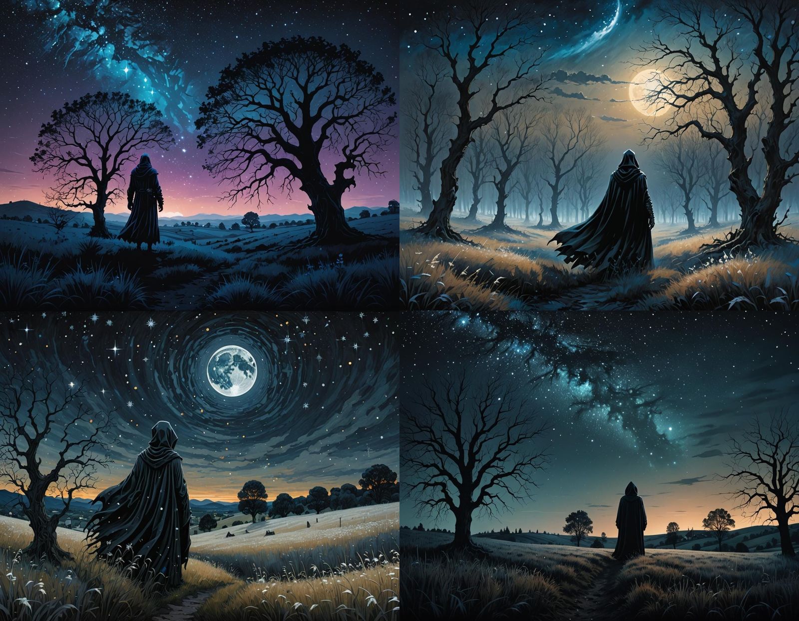 Death Gazing at a Black Sunset Landscape