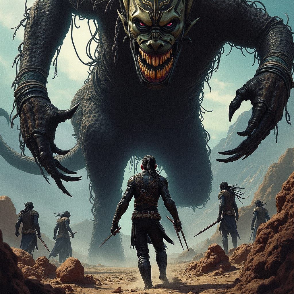 Nubia Battles Giant Monster in Dark Fantasy Style