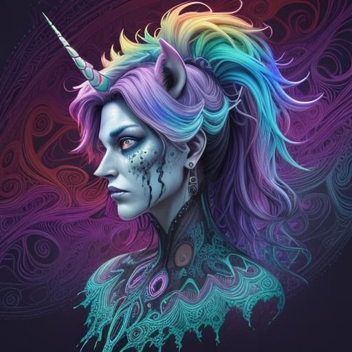 Zombie Unicorn Portrait with Fractal Abstract