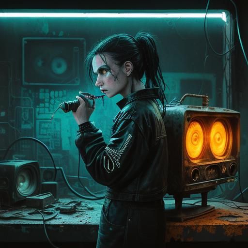 Goth Model in Dystopian Neon Landscape, Hyperrealistic Style
