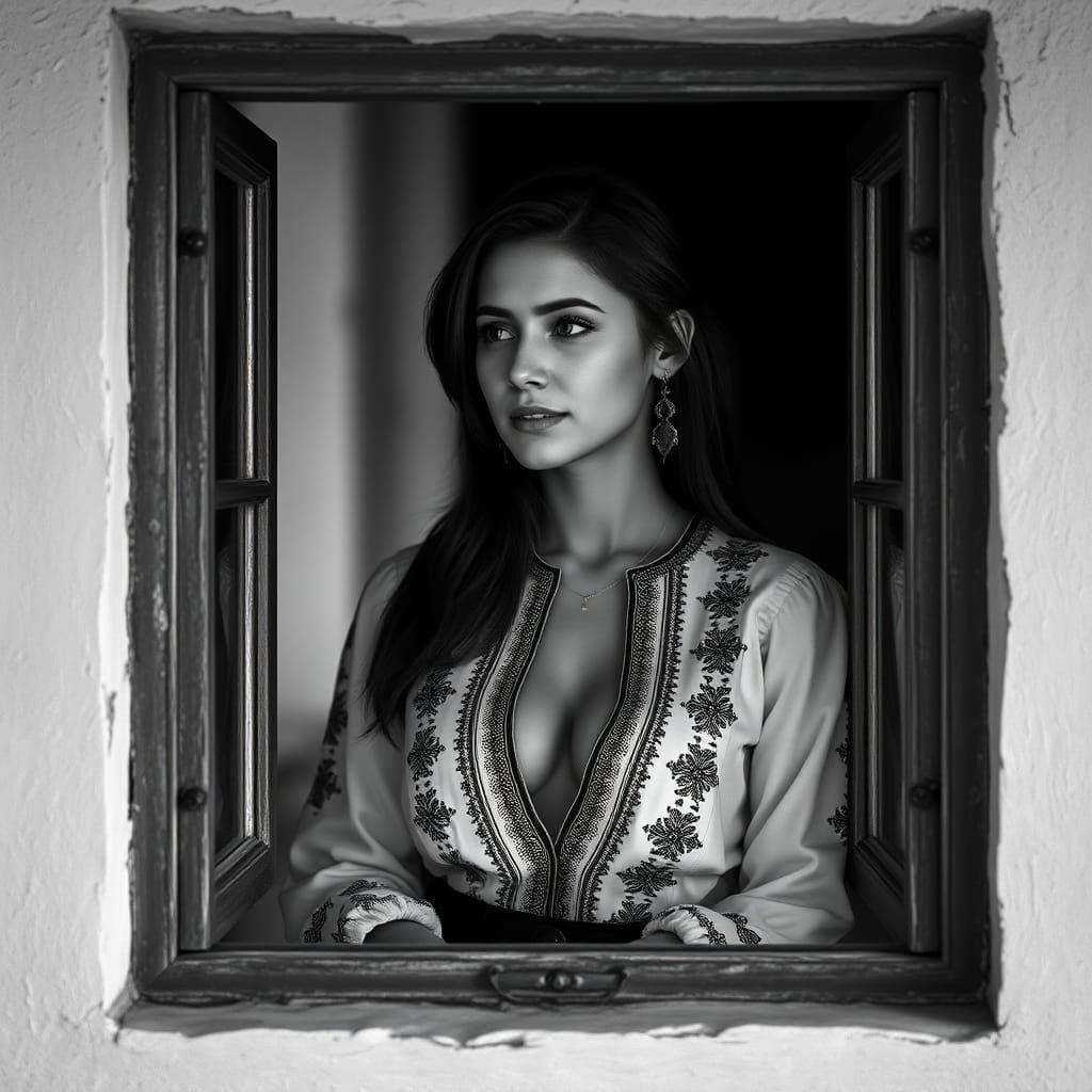 High-Contrast Portrait Through Window in Black and White