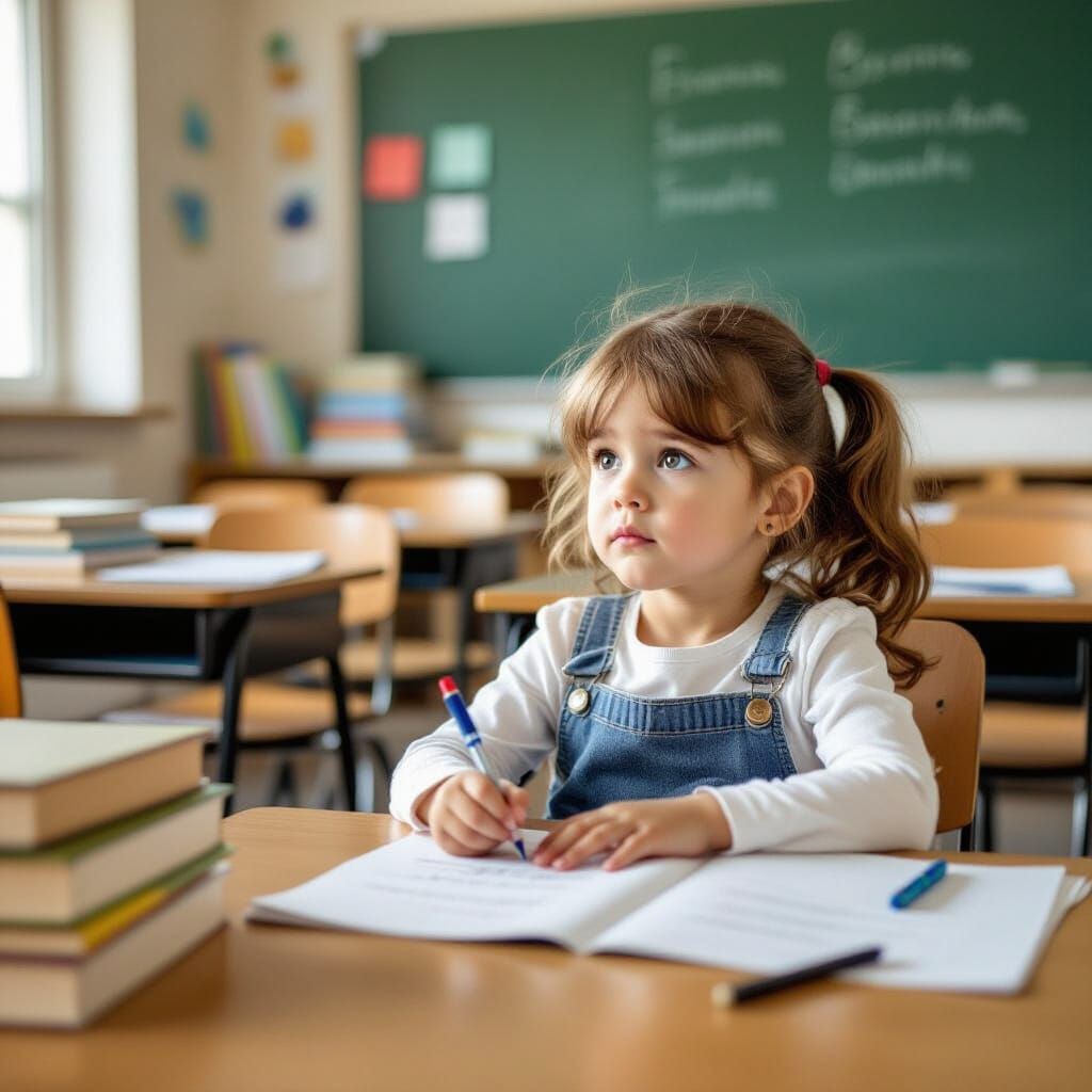 Girl Stares Desperately At Books in Classroom