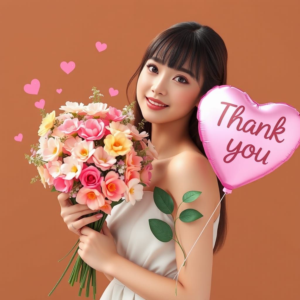 Woman Holding Flowers and Balloon in Matte Painting