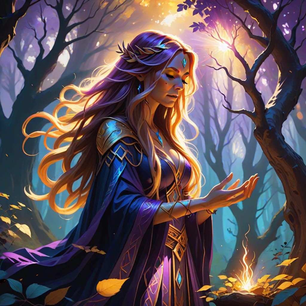 Mysterious Sorceress Performs Ritual in Glowing Runes