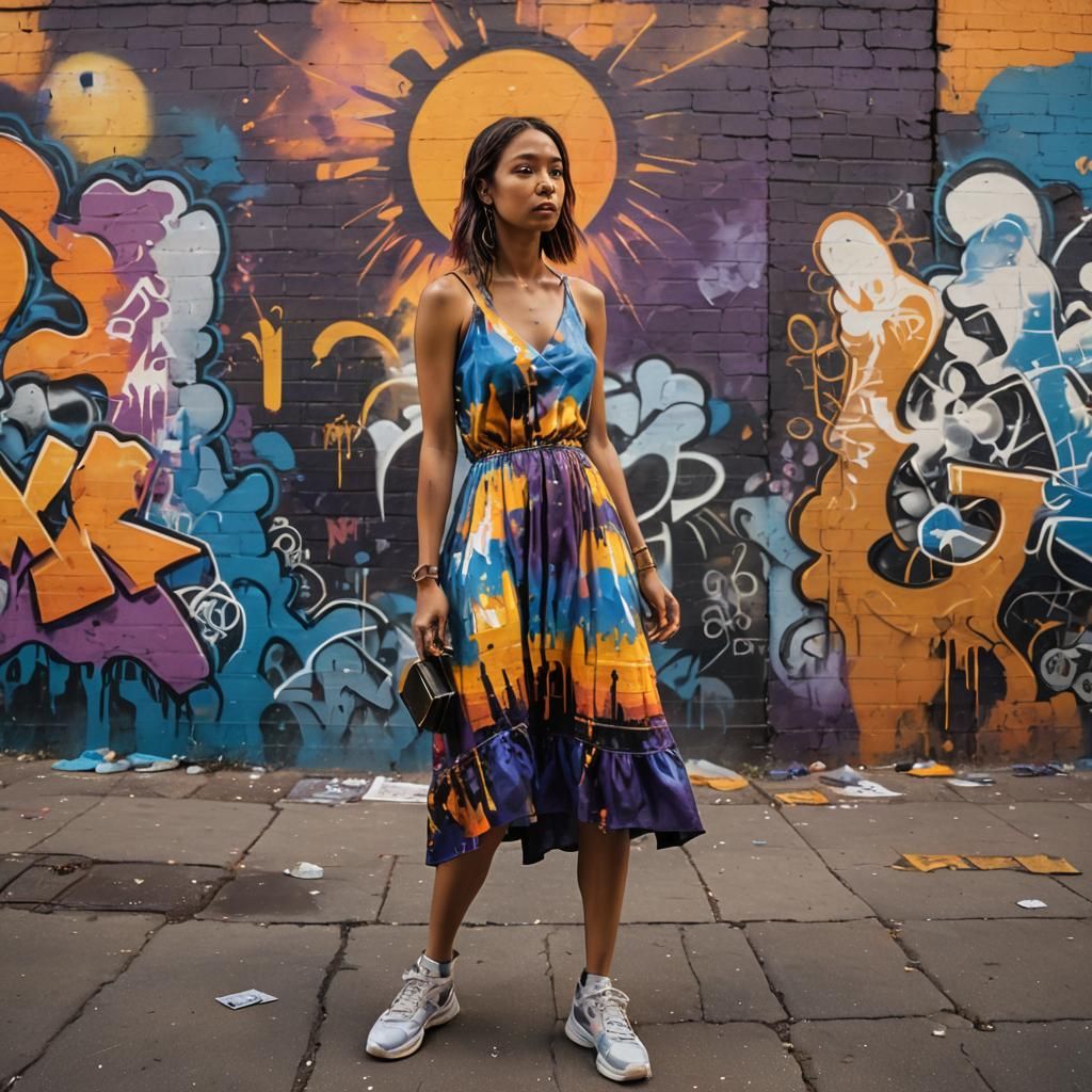 Woman in Sunset Dress: Vibrant Street Art