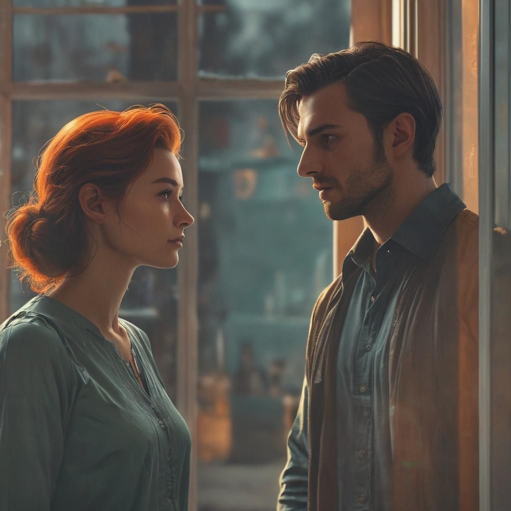 Couple Gazing Out Window in Art Nouveau Style