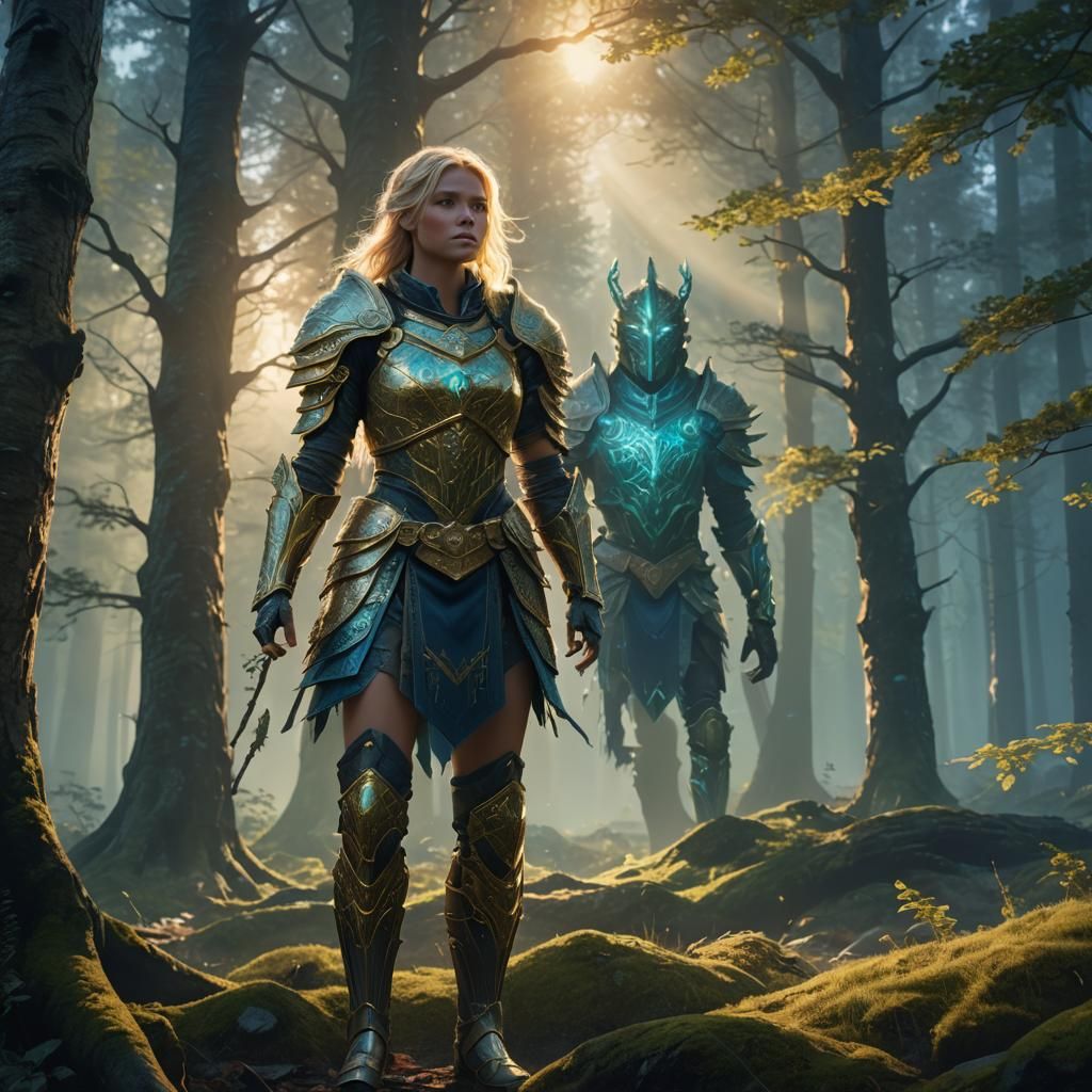 Mystical Forest Warrior in Glowing Armor