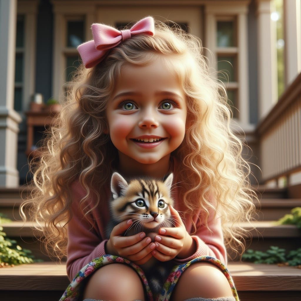 Girl Laughing with Kitten: Hyper-Realistic Digital Art