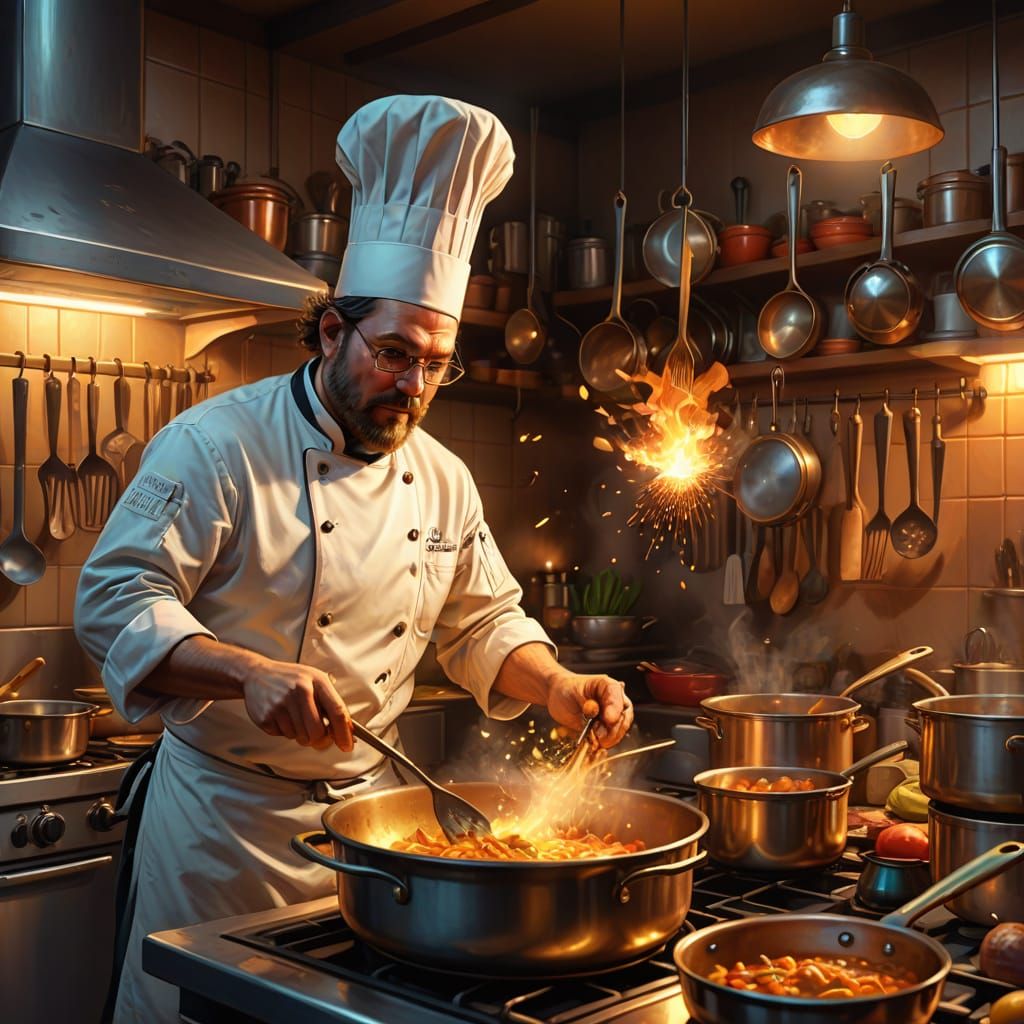 Vibrant Fantasy Chef in Whimsical Kitchen
