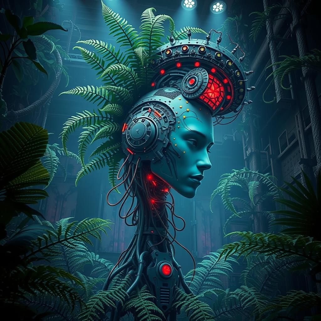 Biomechanical Being Merges with Fern Plant in Cyberpunk Styl...
