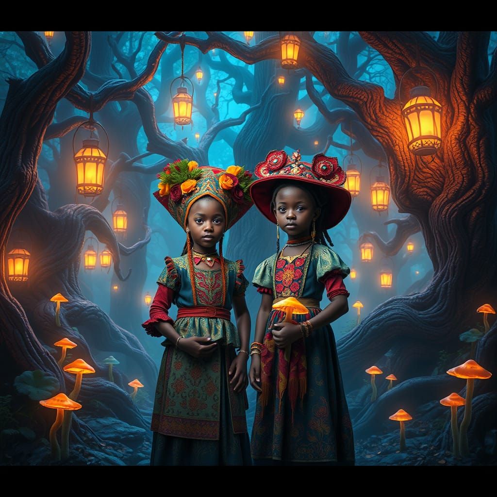 Fantastical Ebony Siblings in Vibrant Enchanting Forest