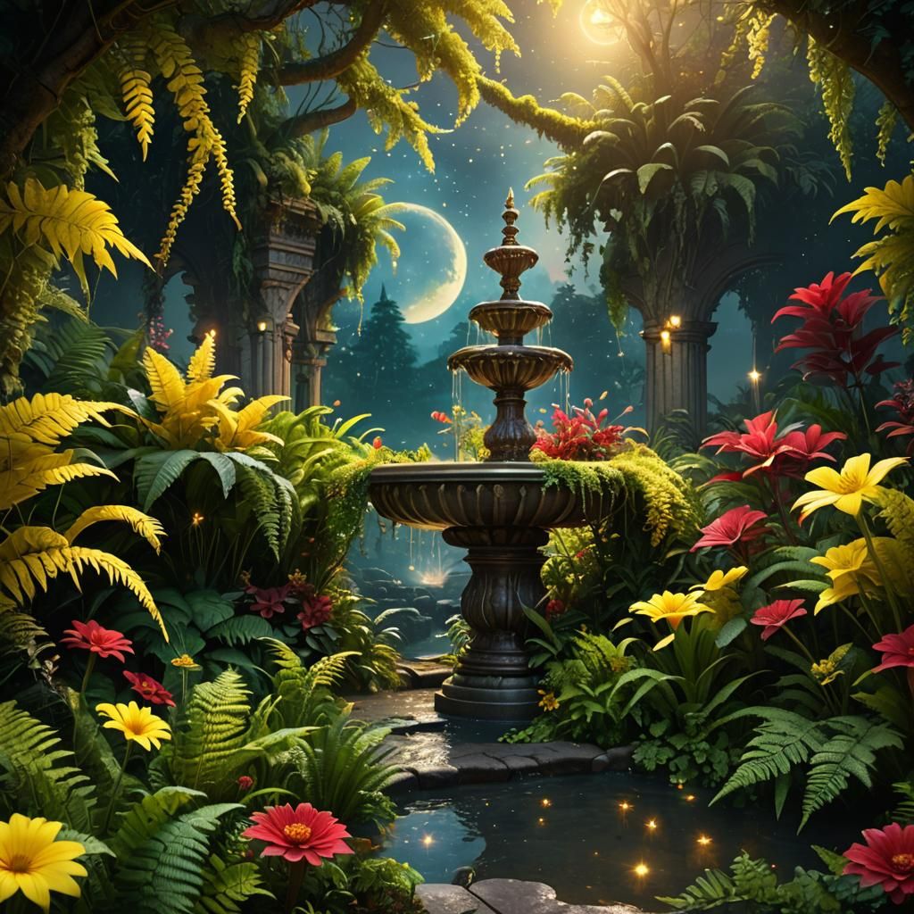Enchanted Fountain Garden with Starry Skies